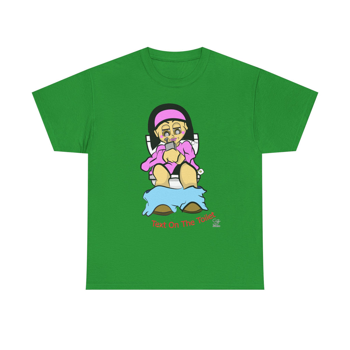Texting on the Toilet female Illustration T-Shirt | Humor Cartoon Sitting, Text on the Toilet by GT Artland
