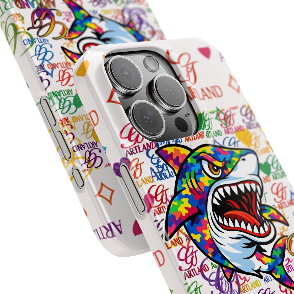 Colorful Designer Shark GT Illustration Slim Phone Case | Rainbow Logo Pattern by GT Artland