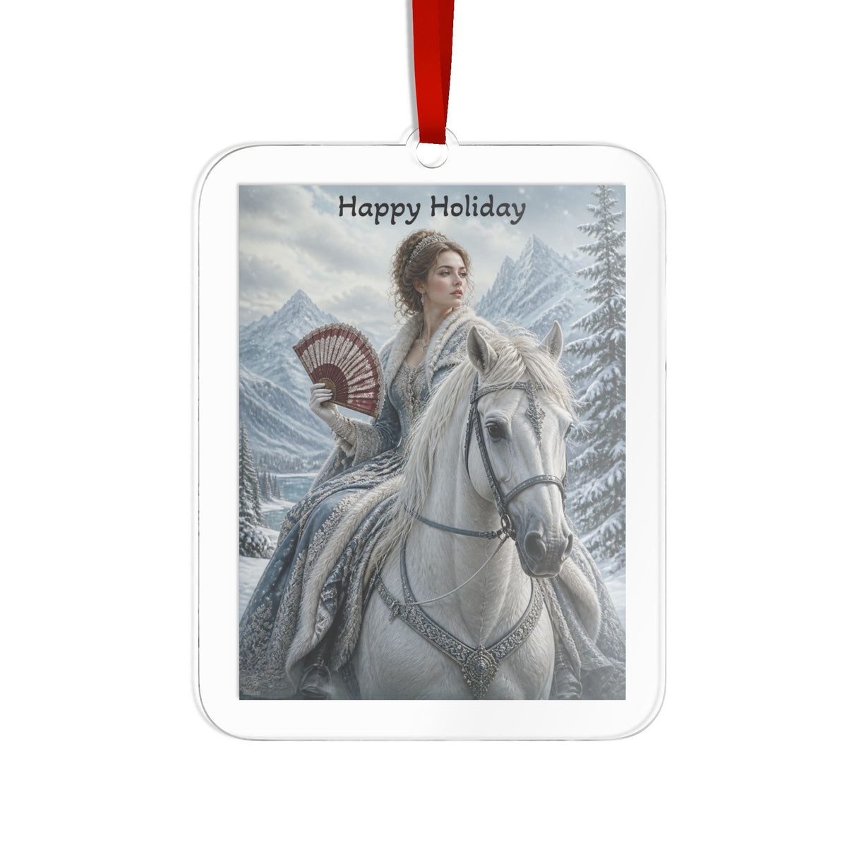 Custom Cut Acrylic Ornament – Happy Holiday Horseback Rider Winter Christmas Decor