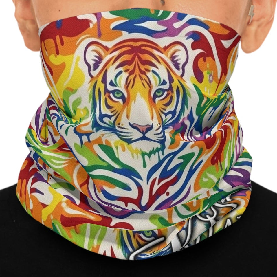 Rainbow Tiger Designer Drip Neck Gaiter — Vibrant Animal Print Face Mask Bandana by GT Artland