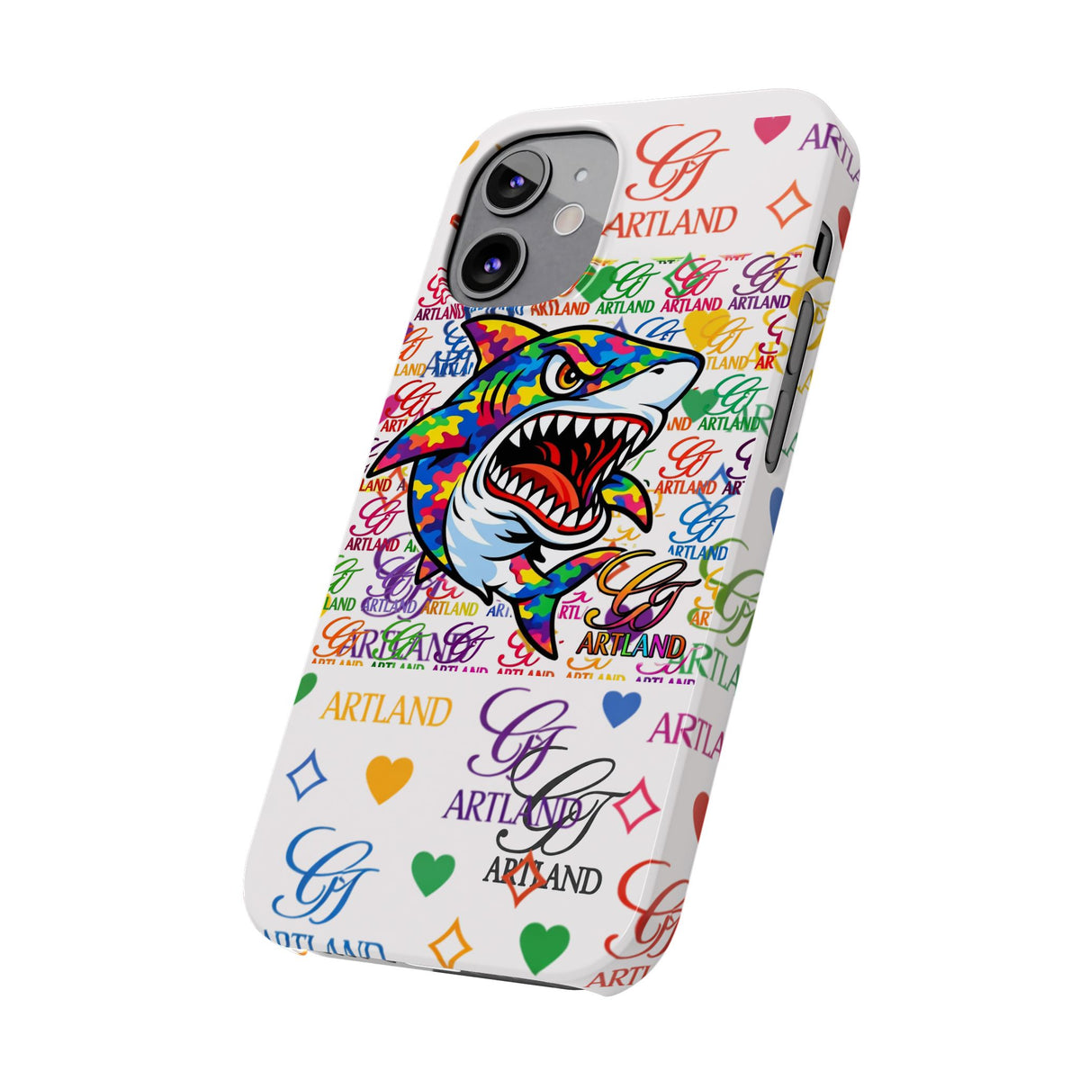 Colorful Designer Shark GT Illustration Slim Phone Case | Rainbow Logo Pattern by GT Artland