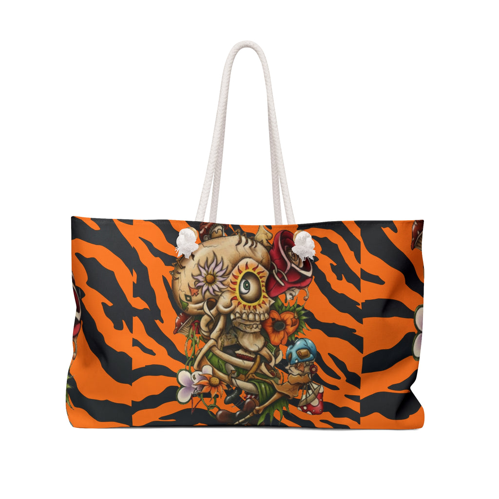 Sugar Skull Skull Bouquet Weekender Bag | Orange Black Tiger Stripes by GT Artland
