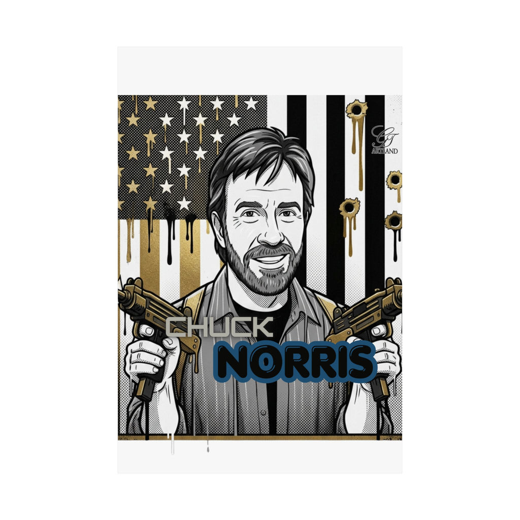 Action Hero Portrait Matte Vertical Poster | Retro Flag, Guns, Bullet Holes by GT Artland