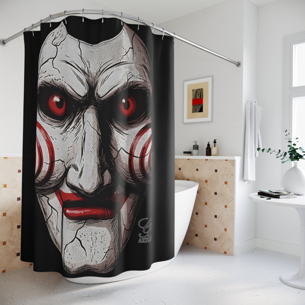 Spooky Cracked Mask Evil Dummy Halloween Dark Horror Shower Curtain | Yoga Poses Bathroom Decor