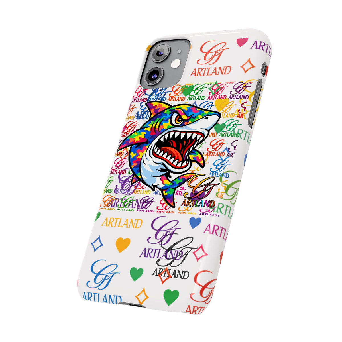 Colorful Designer Shark GT Illustration Slim Phone Case | Rainbow Logo Pattern by GT Artland