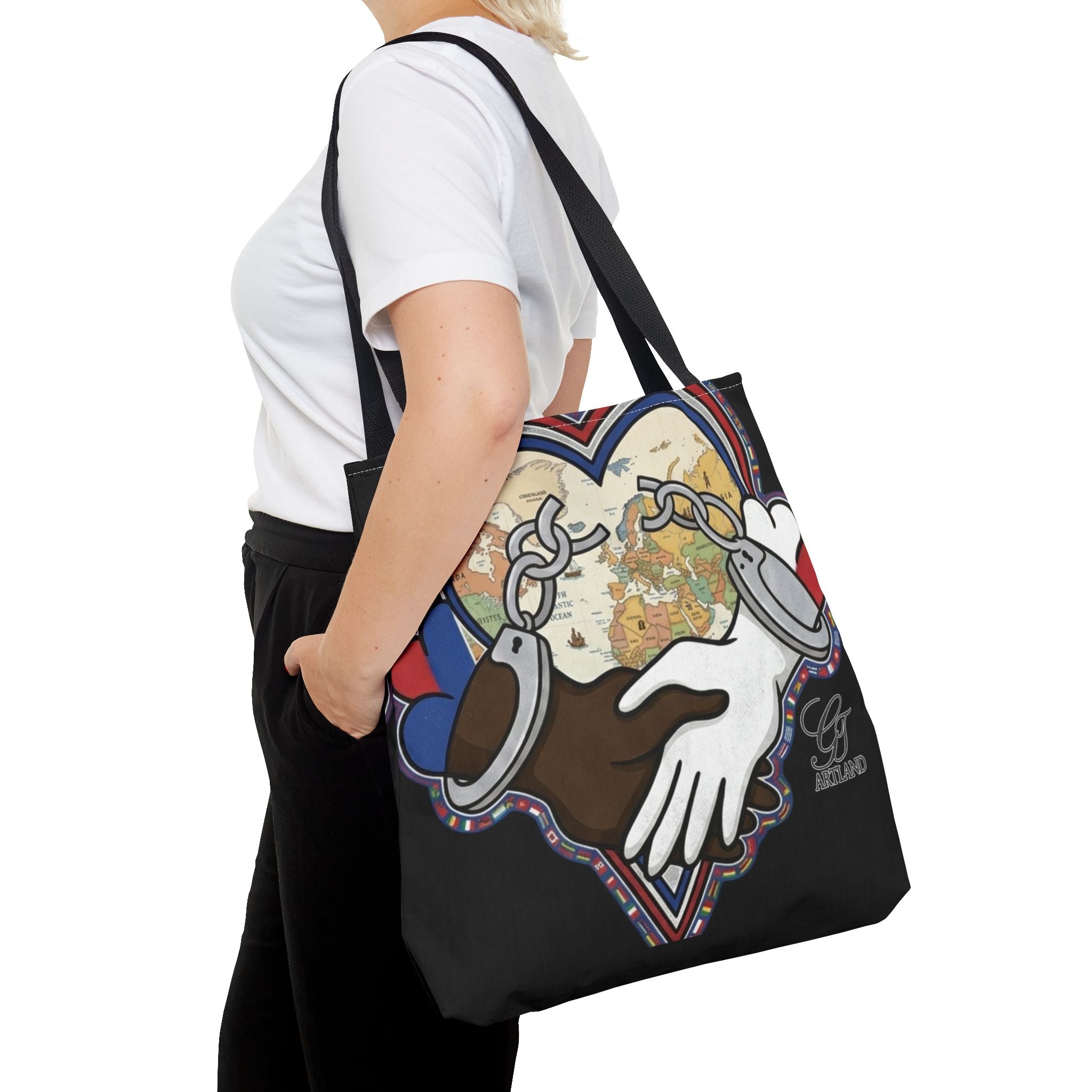 Interracial Unity Heart Handcuffs Tote Bag | All-Over Print by GT Artland