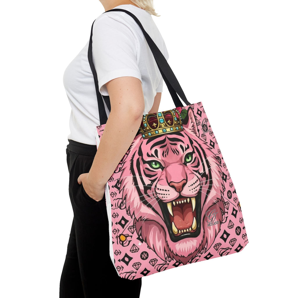 Pink Crowned Designer Elite Tiger Tote Bag — Bold Feminine Statement Shopper by GT Artland