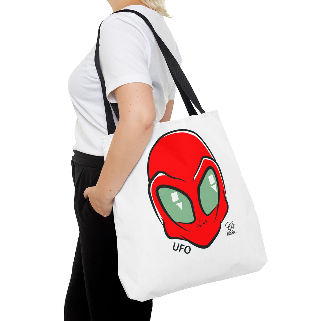 Alien UFO Tote Bag — Red Alien Head Graphic Beach & Market Tote by GT Artland