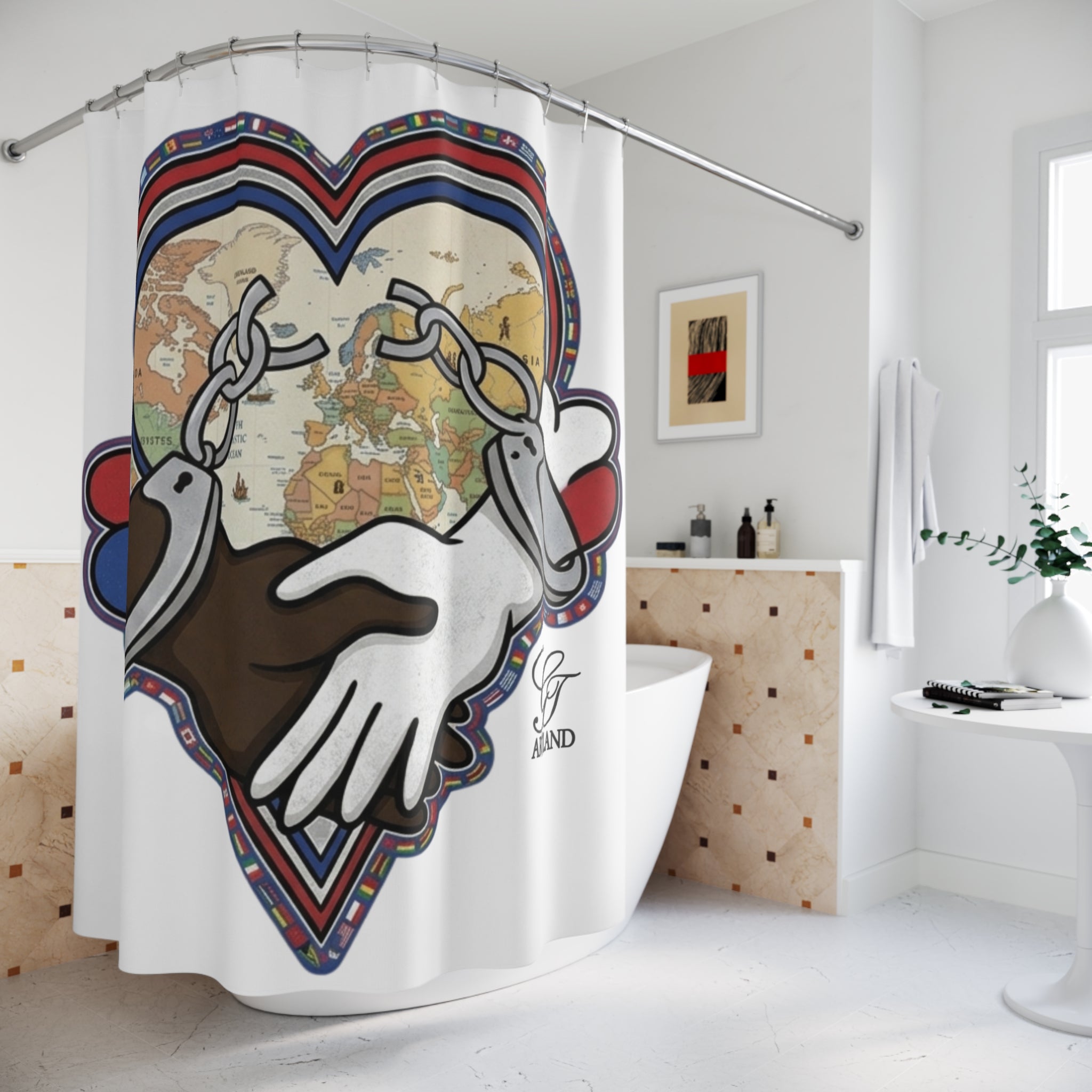 Interracial Unity Heart Shower Curtain | World Map, Broken Chains by GT Artland