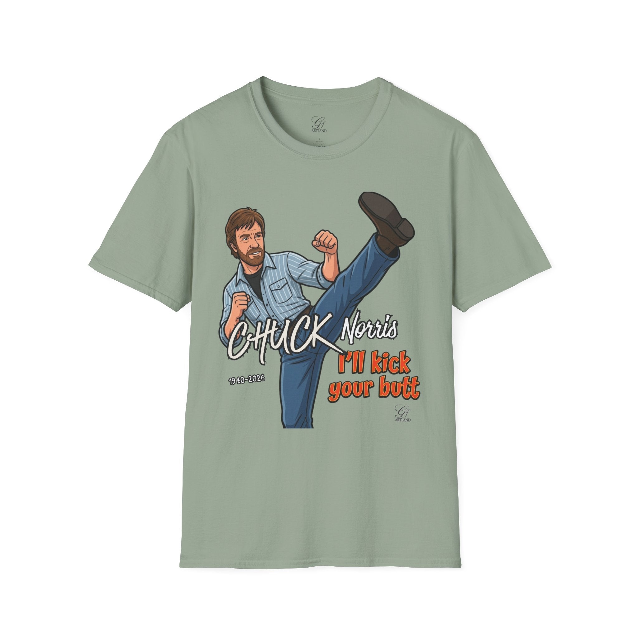 Chuck Norris Kick Illustration T-Shirt | I'll Kick Your Butt text by GT Artland