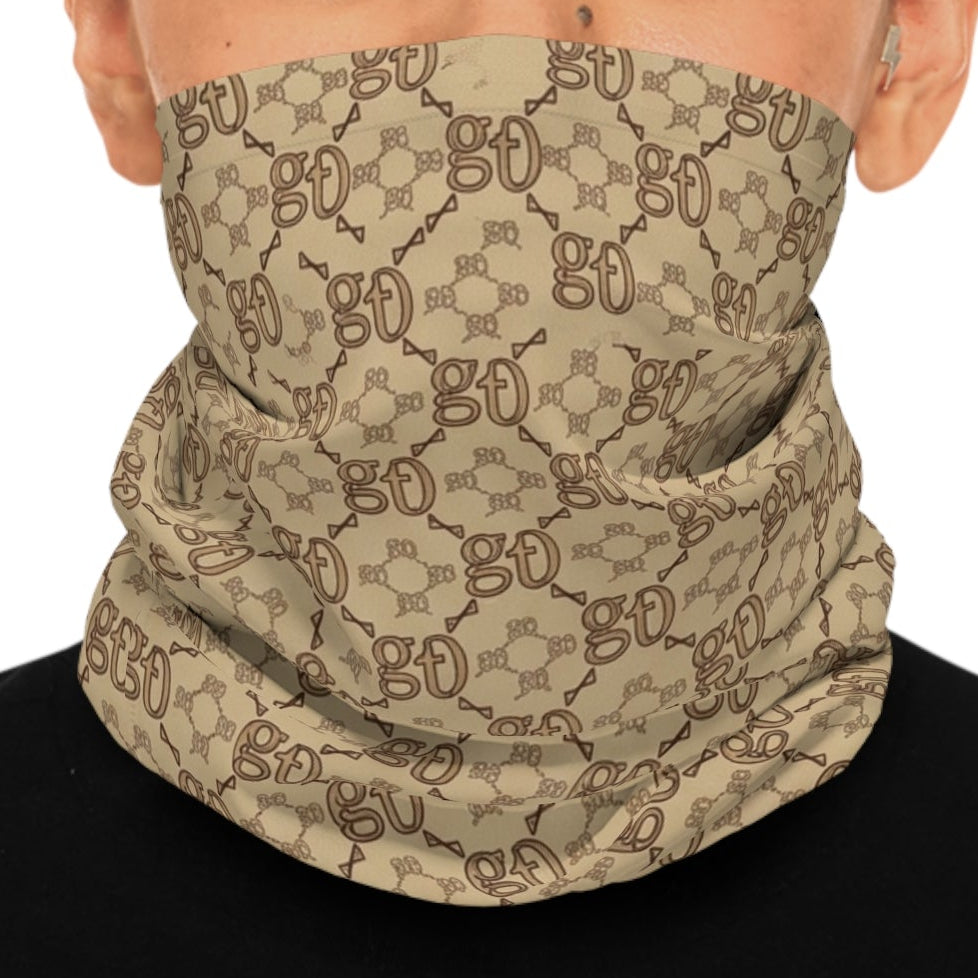 Beige Monogram GT Pattern Neck Gaiter | All-Over Logo Print by GT Artland