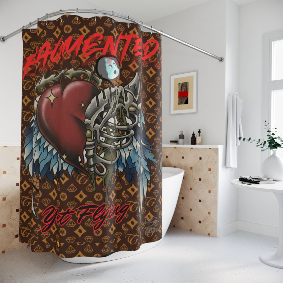 Fragmented Heart Winged Skeleton Designer Shower Curtain | Gothic Tattoo Art by GT Artland