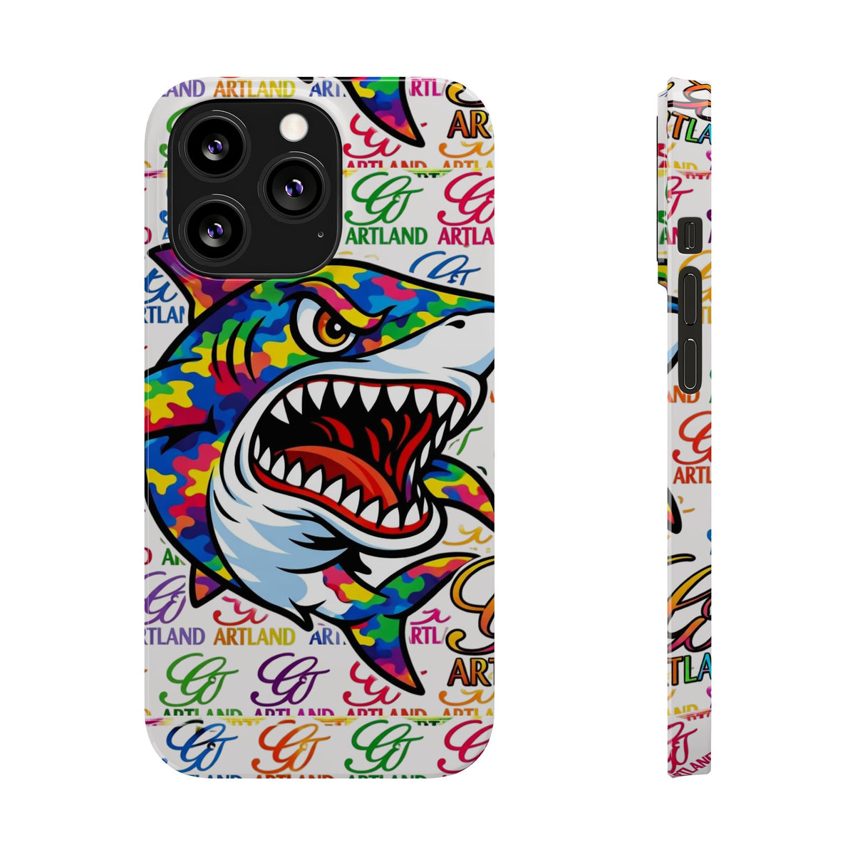 Colorful Camo Designer Shark GT Slim Phone Case | Vibrant Graphic, Artland Logo Background by GT Artland