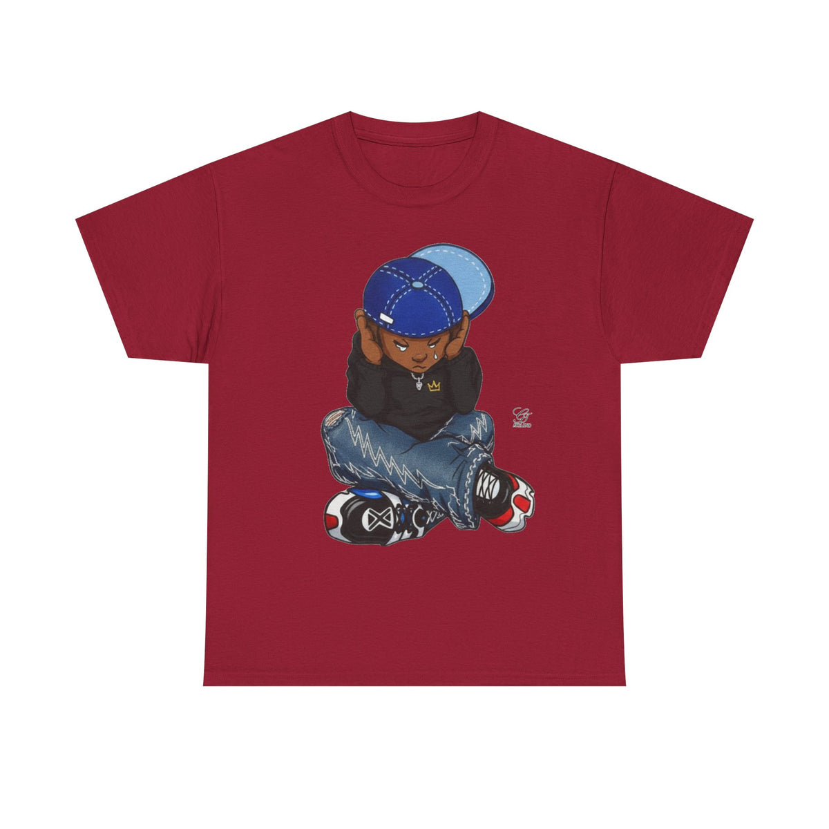Ebony Sad Kid Illustration T-Shirt | Sitting Boy Graphic Tee b