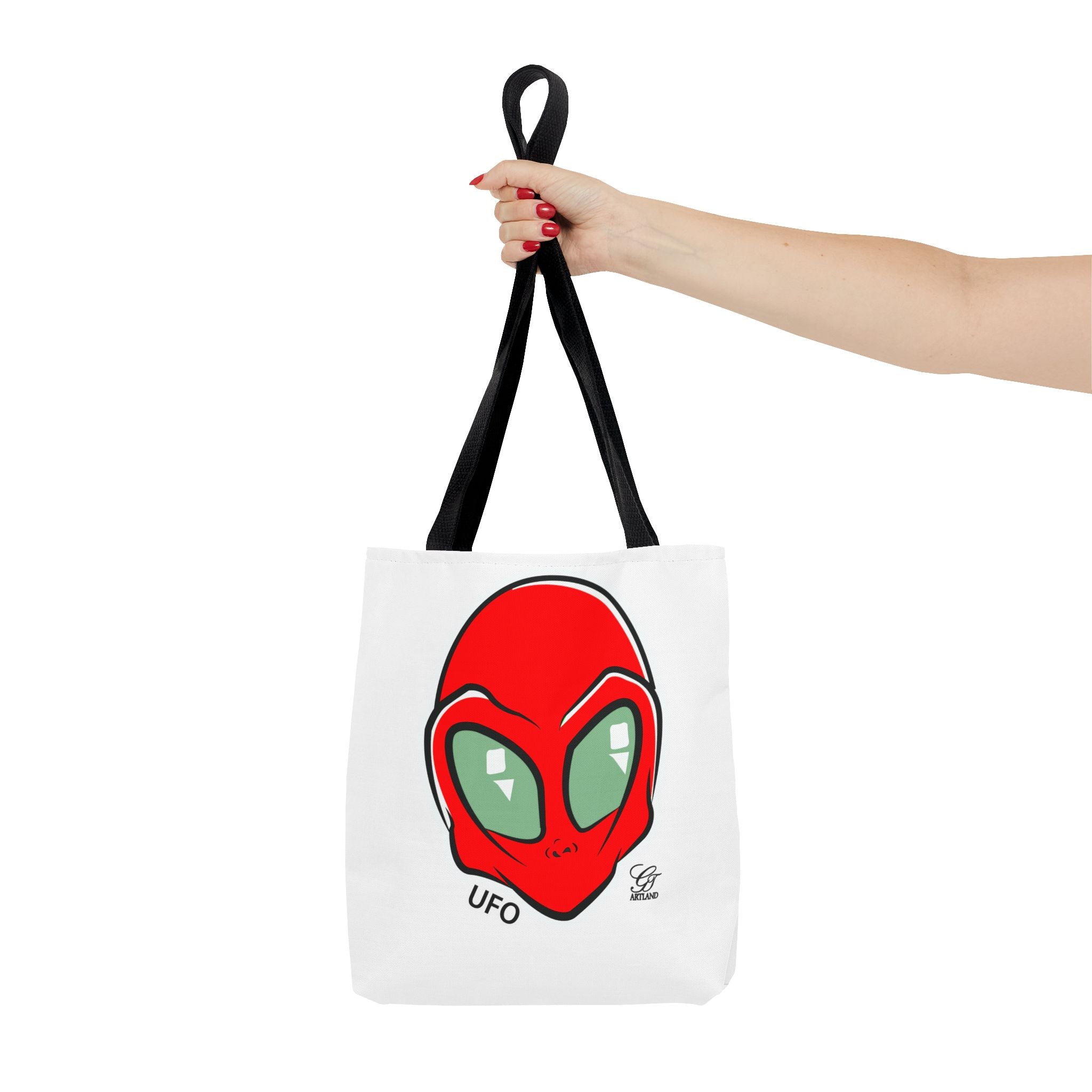 Alien UFO Tote Bag — Red Alien Head Graphic Beach & Market Tote by GT Artland