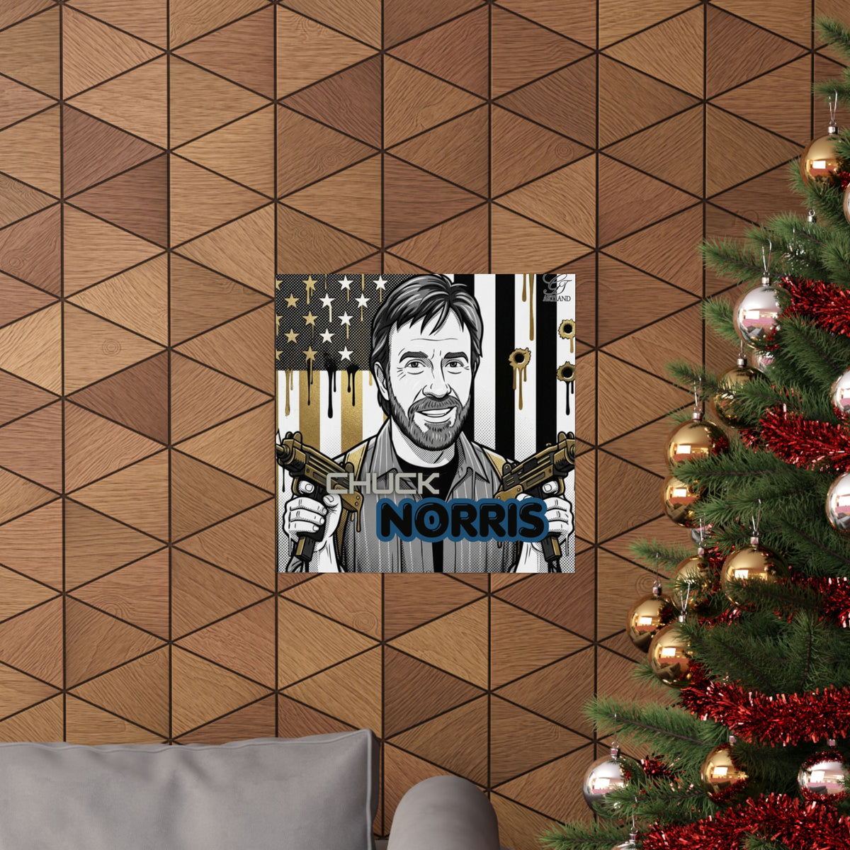 Action Hero Portrait Matte Vertical Poster | Retro Flag, Guns, Bullet Holes by GT Artland
