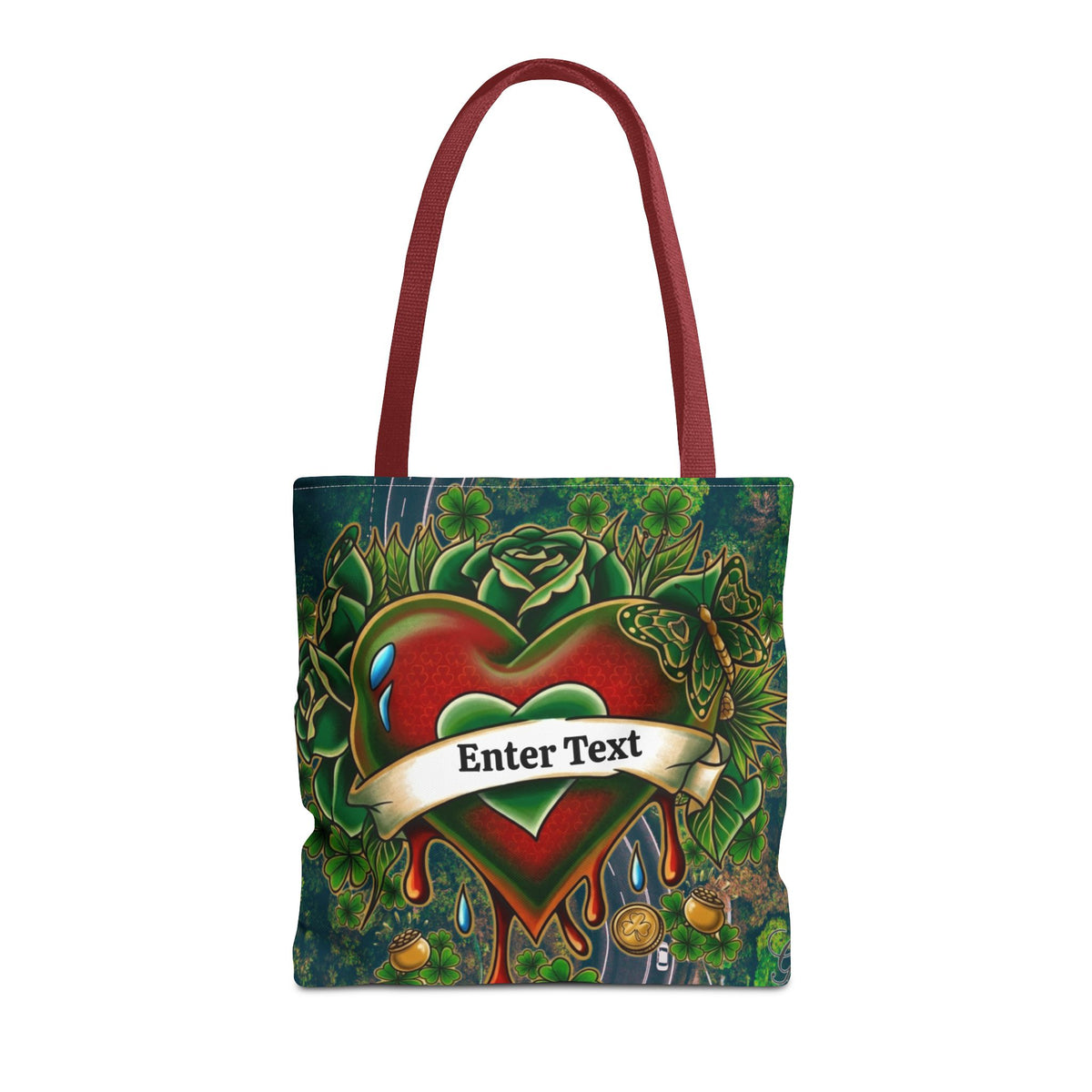 "Lucky Art" Tattoo Heart Urban Shamrock "Custom Text" Nature Splash St. Patrick Theme Designer Tote Bag by GT Artland