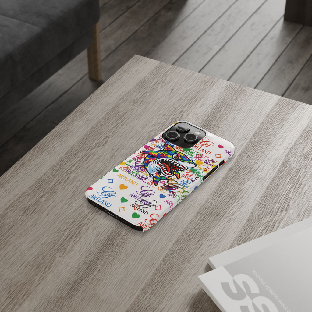 Colorful Designer Shark GT Illustration Slim Phone Case | Rainbow Logo Pattern by GT Artland
