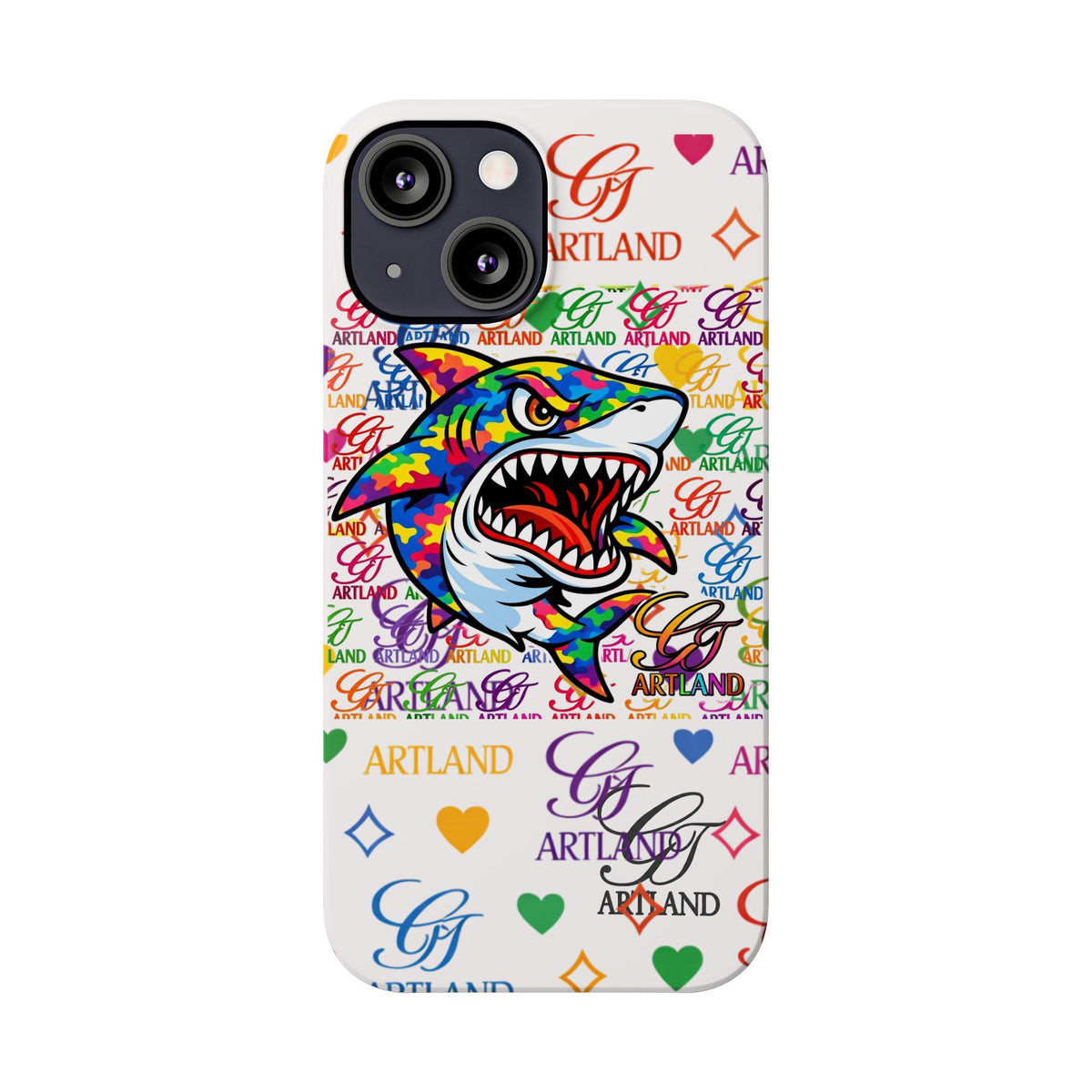 Colorful Designer Shark GT Illustration Slim Phone Case | Rainbow Logo Pattern by GT Artland