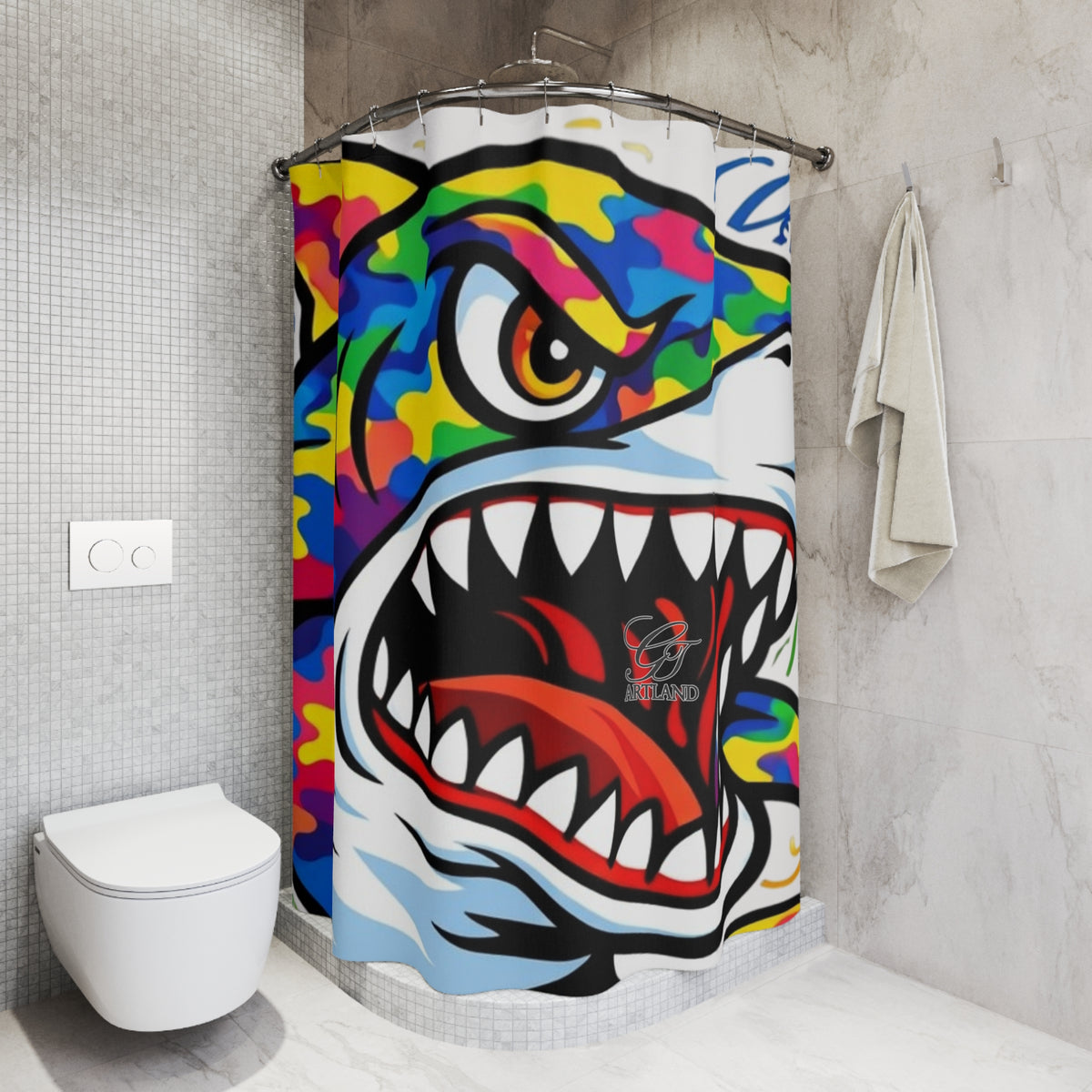 Colorful Camouflage Designer Killa Shark GT Shower Curtain | Bold Ocean Art, Whale Shark Print by GT Artland