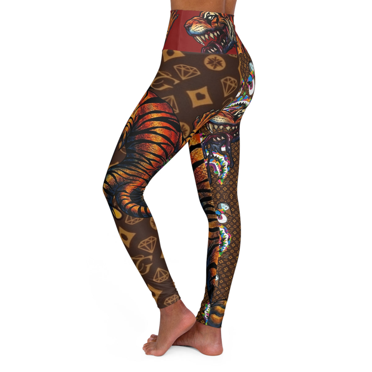 Exotic Tiger Pattern Designer Leggings High Waisted Yoga Leggings | Brown Luxe Monogram by GT Artland