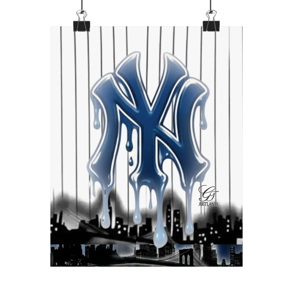 Dripping NY Logo Matte Vertical Poster | Baseball Pinstripe Art by GT Artland