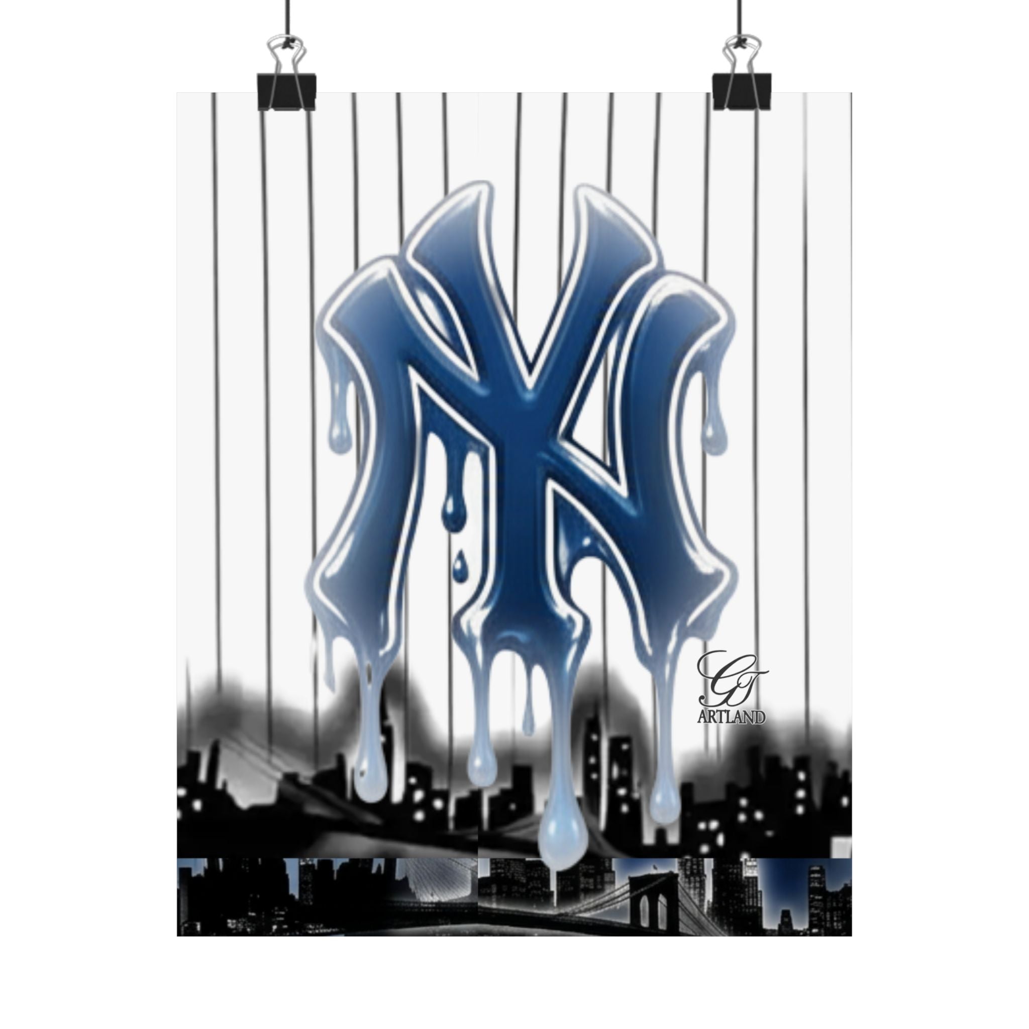 Dripping NY Logo Matte Vertical Poster | Baseball Pinstripe Art by GT Artland