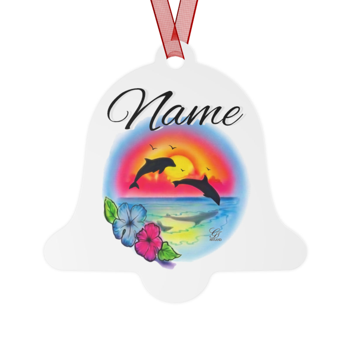 Dolphin Sunset Personalised Ornament Metal ornament | Beach Bell Keepsake by GT Artland