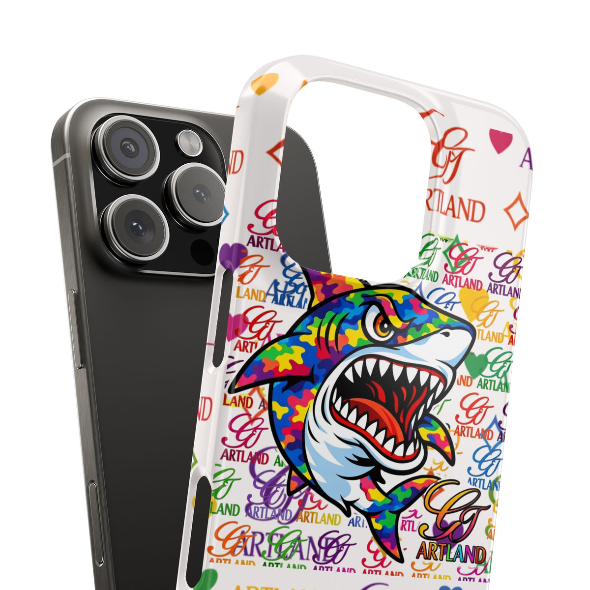 Colorful Designer Shark GT Illustration Slim Phone Case | Rainbow Logo Pattern by GT Artland