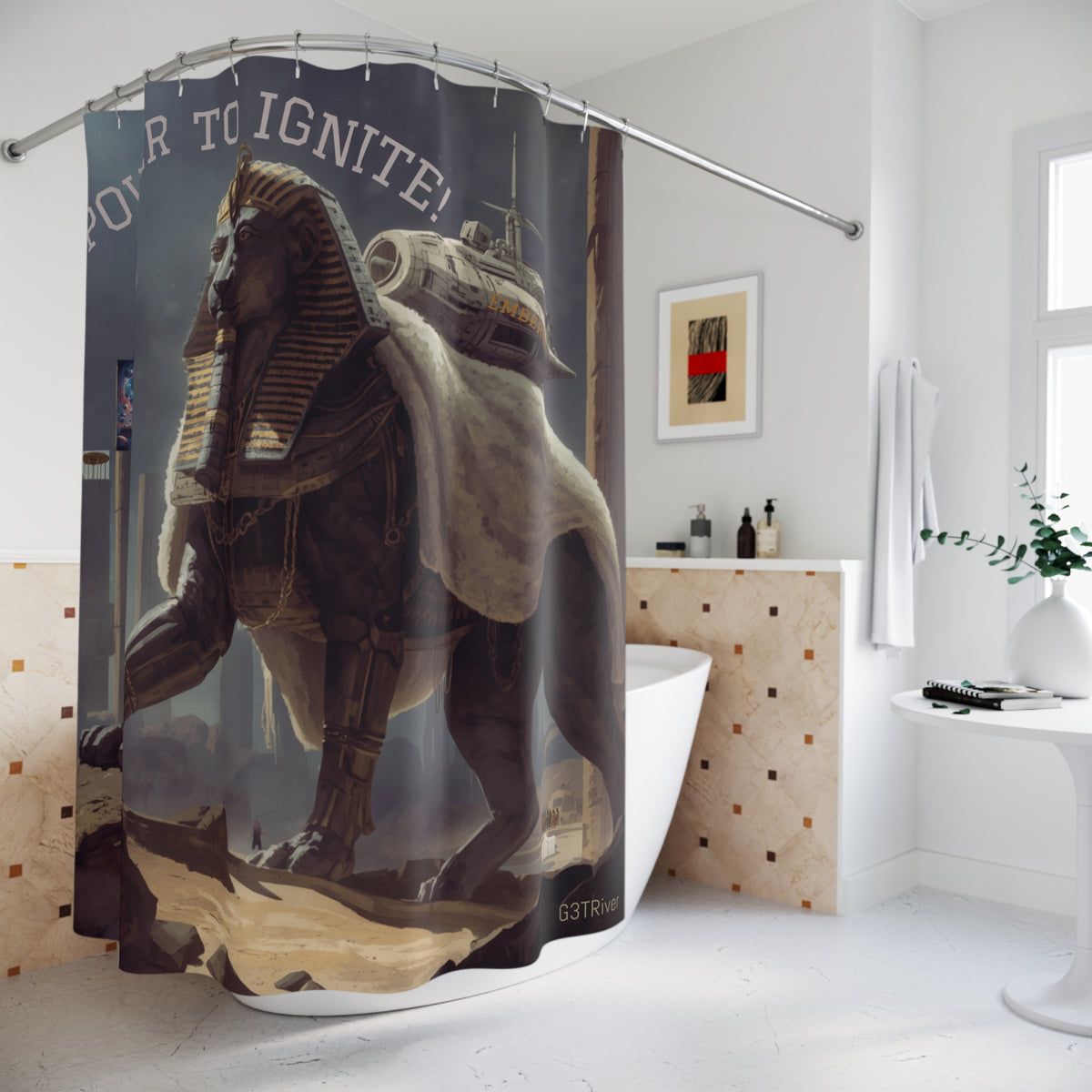 Power to Ignite Pharaoh Shower Curtain | Egyptian Sphinx Sci‑Fi Decor