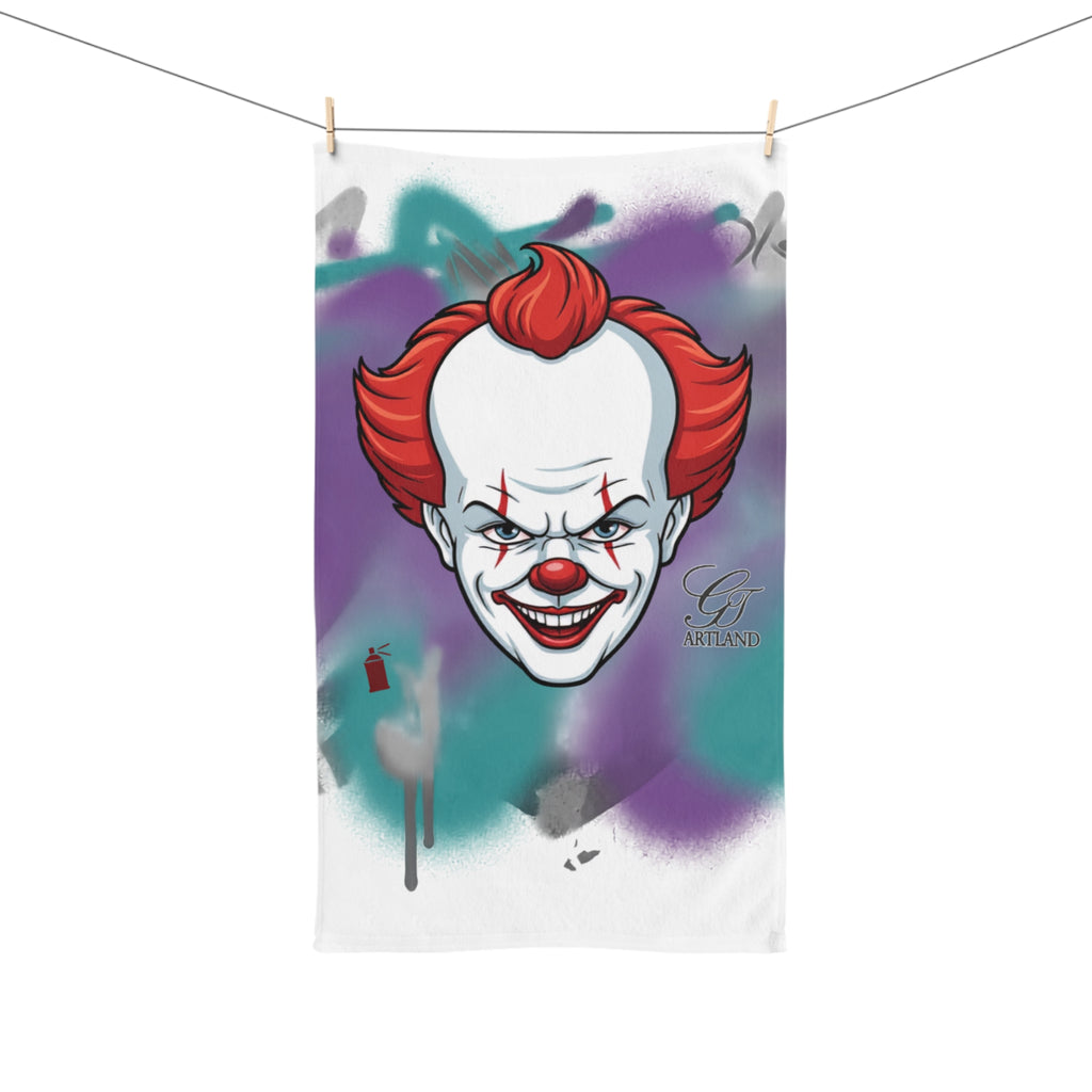Scary Red Clown Hand Towel | Horror Face, Graffiti Background by GT Artland