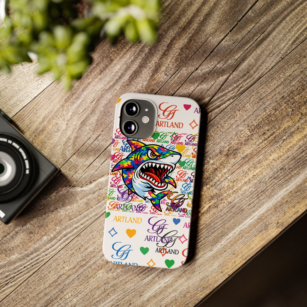 Colorful Designer Shark GT Illustration Slim Phone Case | Rainbow Logo Pattern by GT Artland