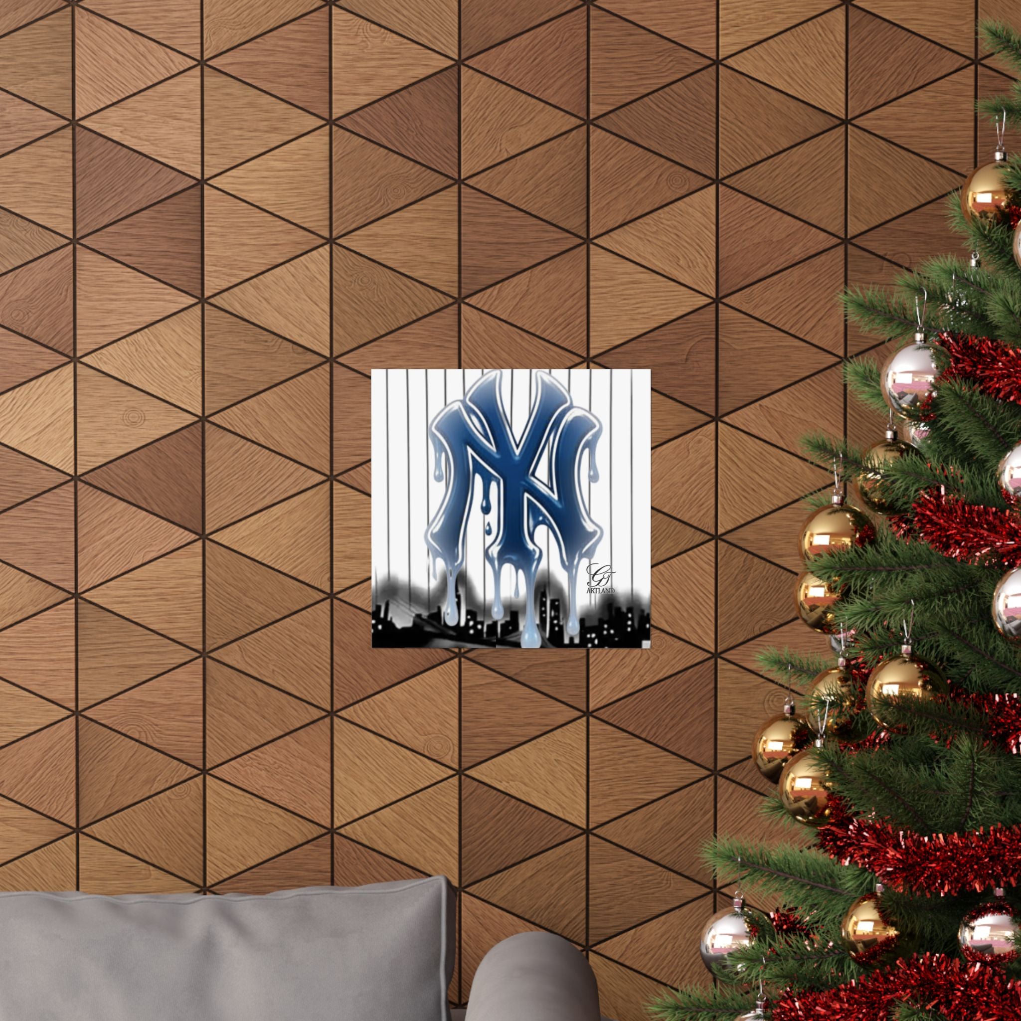 Dripping NY Logo Matte Vertical Poster | Baseball Pinstripe Art by GT Artland