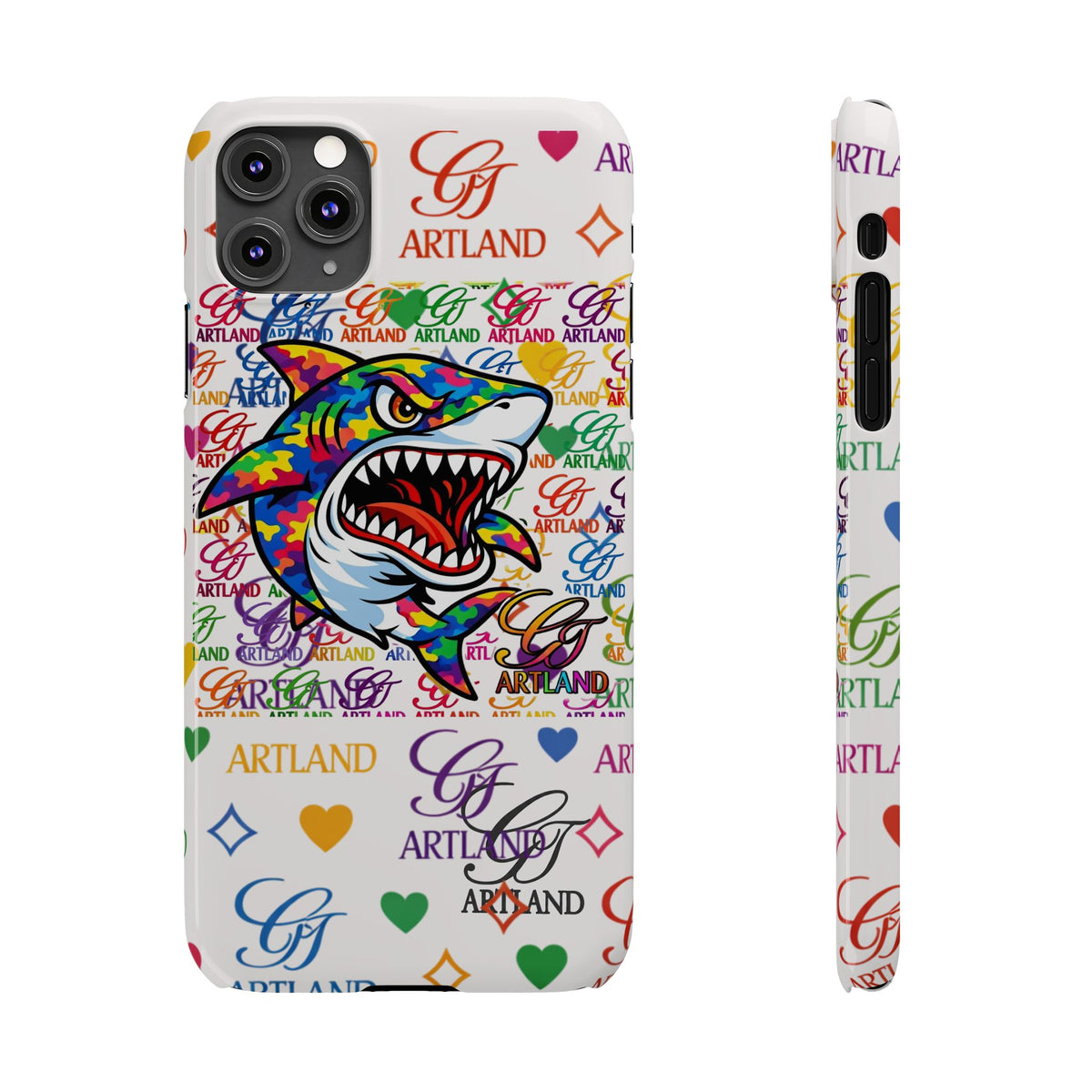 Colorful Designer Shark GT Illustration Slim Phone Case | Rainbow Logo Pattern by GT Artland