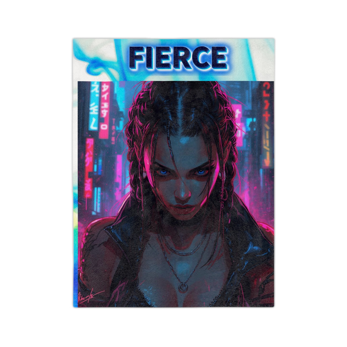 Neon Cyberpunk "Fierce" Female Velveteen Blanket | Fierce Retro Futuristic Art