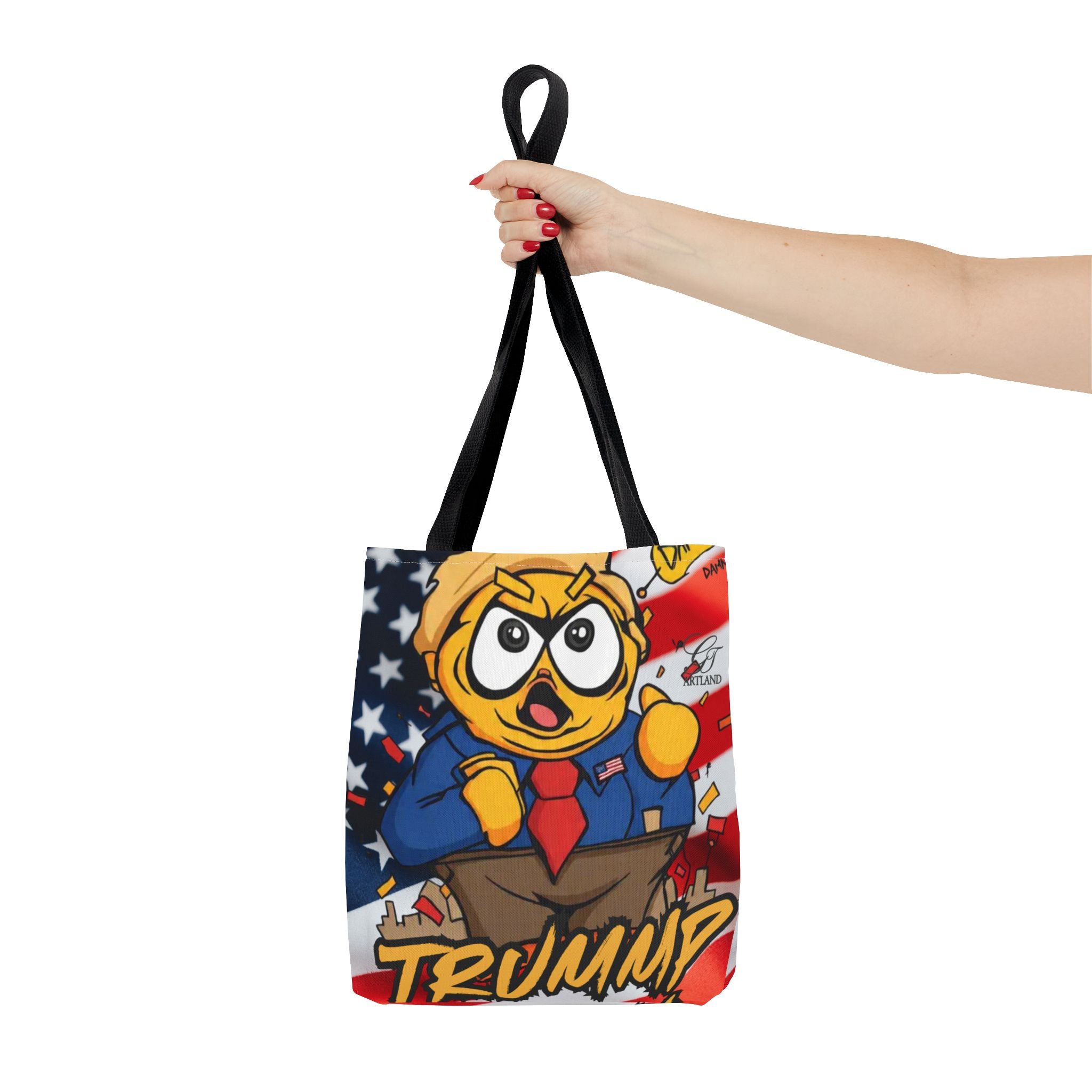 Patriotic Cartoon Politician Tote Bag – American Flag Trump Chicken Design by GT Artland