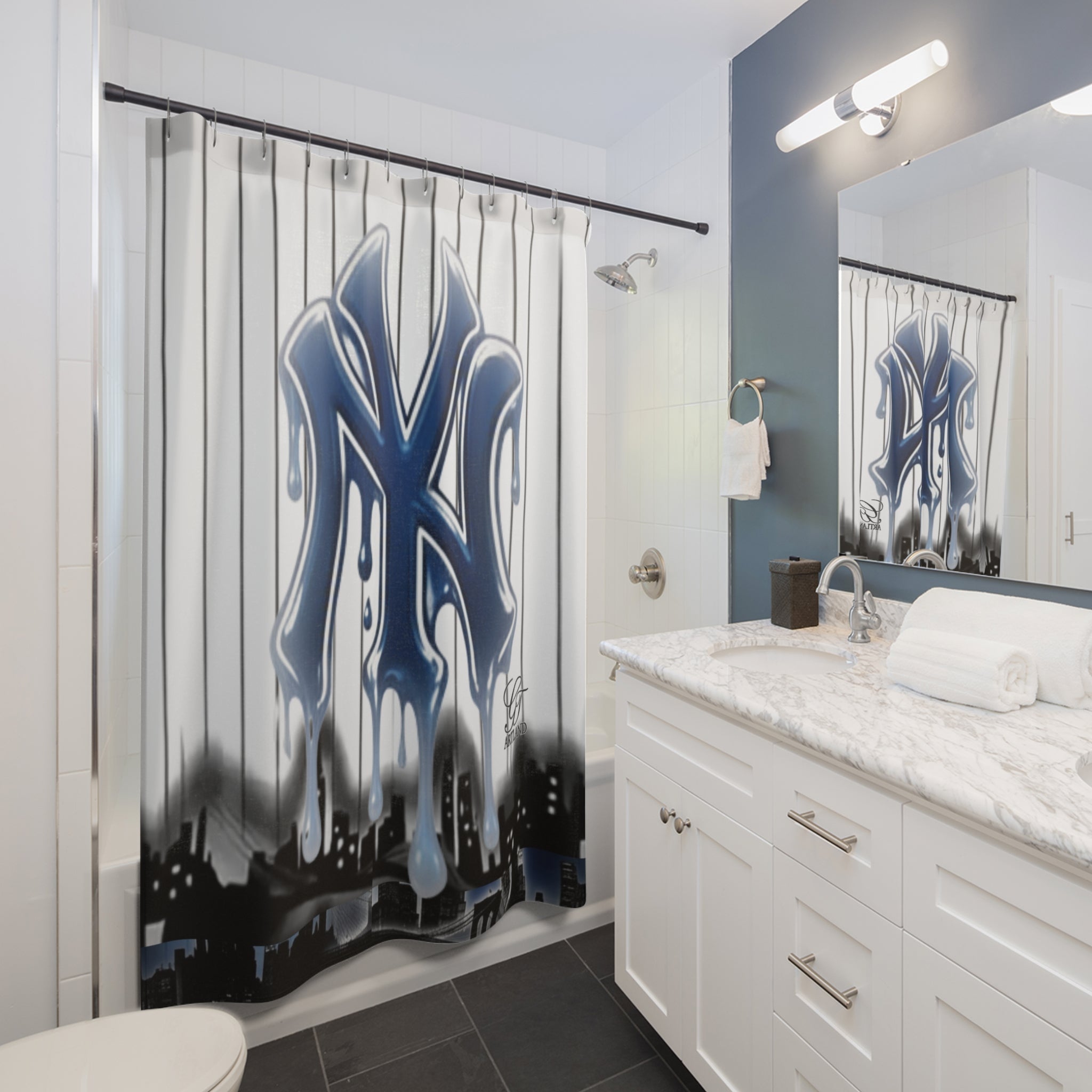 NY Yank Drip Designer Airbrush Graffiti NY Logo Shower Curtain | Urban Skyline by GT Artland