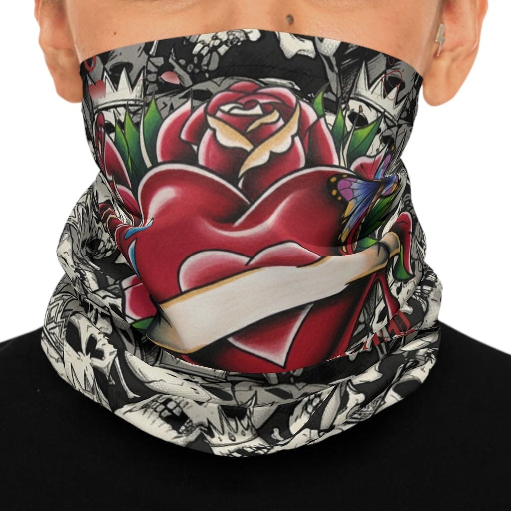 Skull Tattoo Neck Gaiter — Heart & Roses Bandana Face Cover by GT Artland