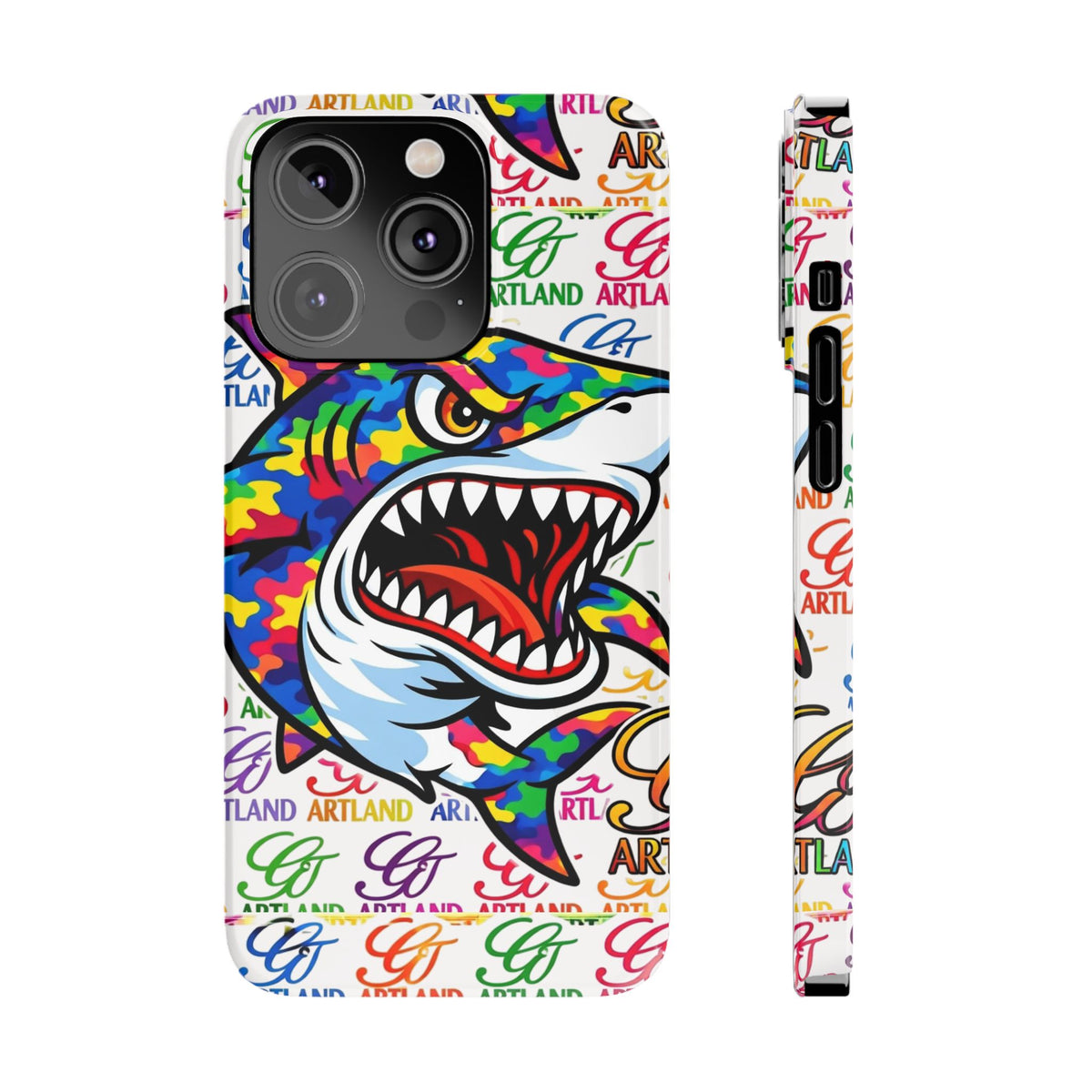 Colorful Camo Designer Shark GT Slim Phone Case | Vibrant Graphic, Artland Logo Background by GT Artland