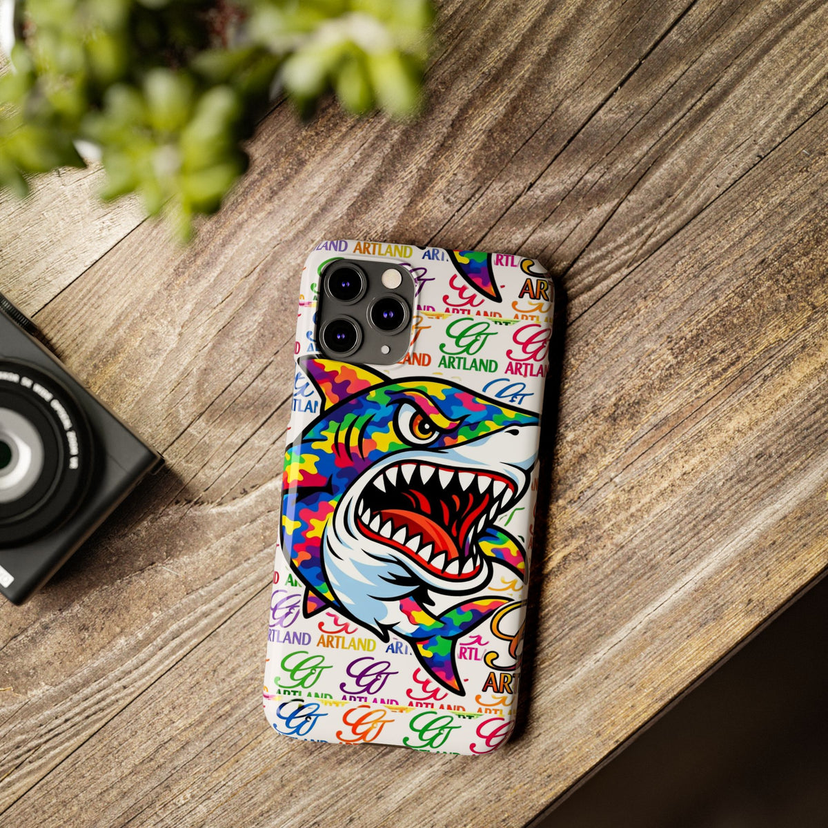 Colorful Camo Designer Shark GT Slim Phone Case | Vibrant Graphic, Artland Logo Background by GT Artland