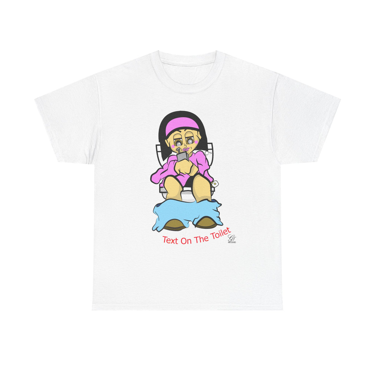 Texting on the Toilet female Illustration T-Shirt | Humor Cartoon Sitting, Text on the Toilet by GT Artland