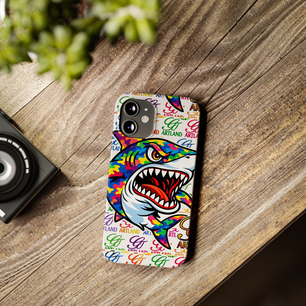Colorful Camo Designer Shark GT Slim Phone Case | Vibrant Graphic, Artland Logo Background by GT Artland