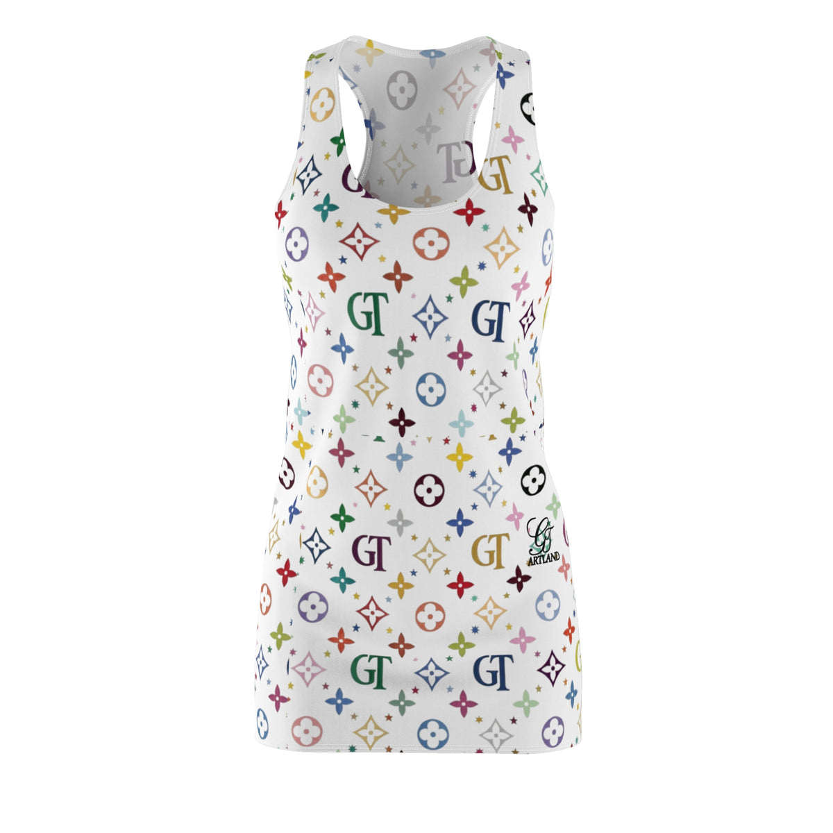 Women's Racerback Dress with Colorful Monogram-Inspired Print by GT Artland