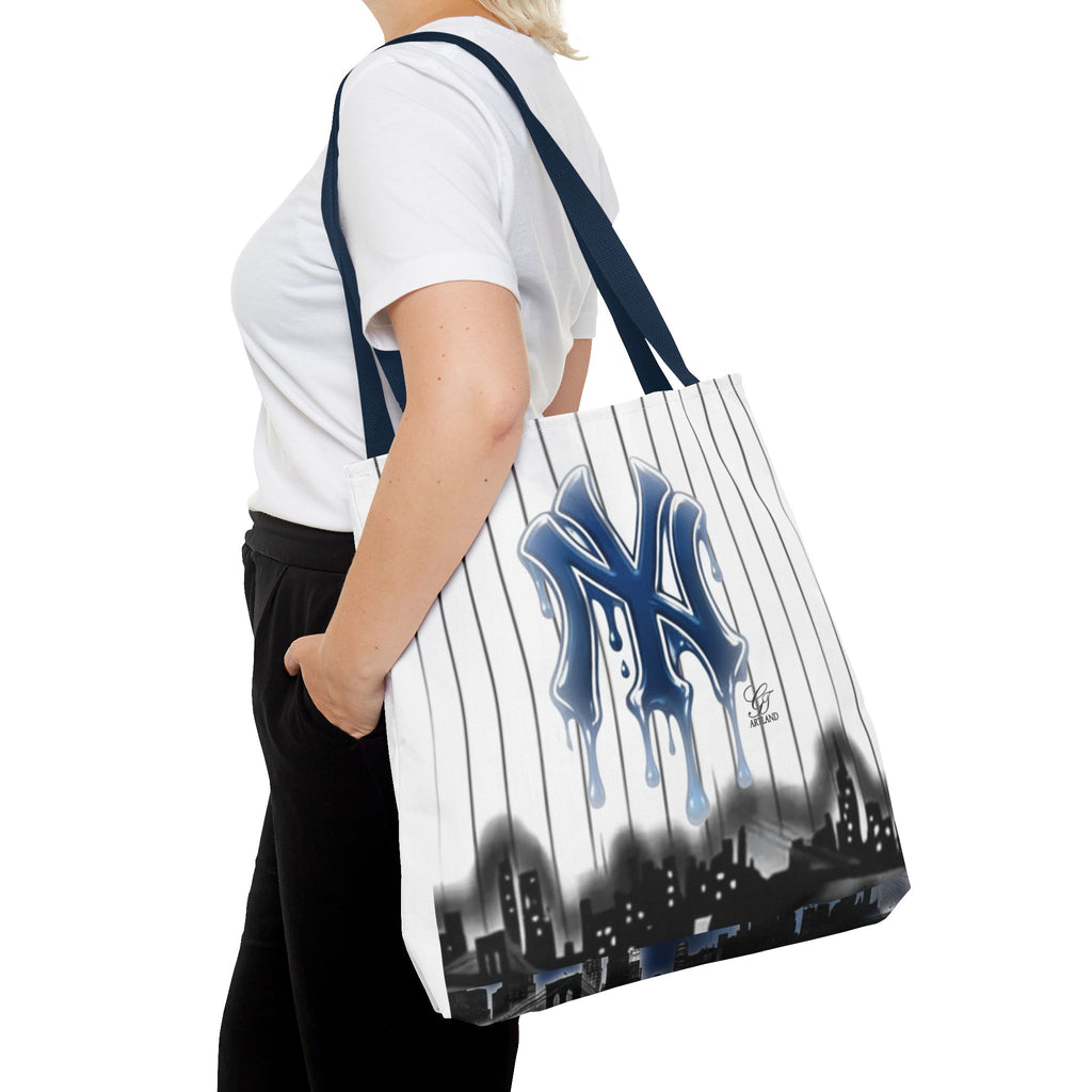 Drip NY Fan Gear Logo Pinstripe Tote Bag — Urban Baseball Cityscape by GT Artland