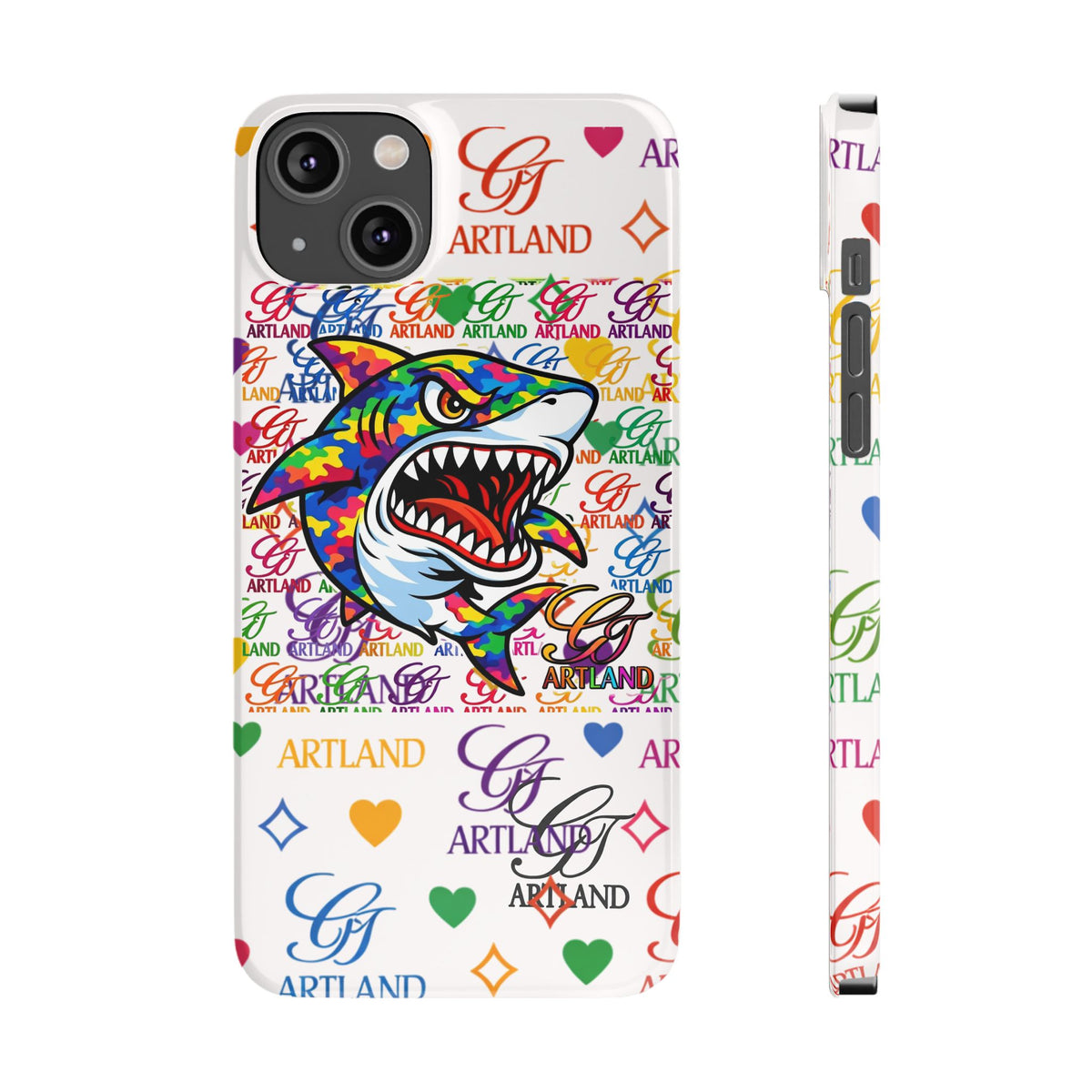 Colorful Designer Shark GT Illustration Slim Phone Case | Rainbow Logo Pattern by GT Artland