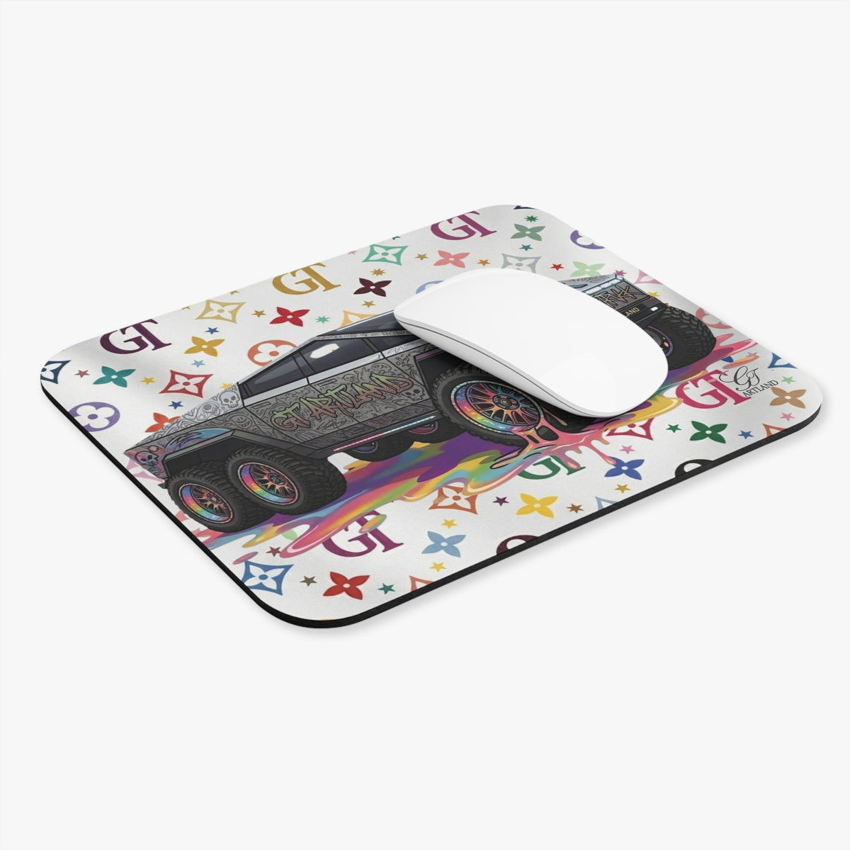 Cybertruck Art Car Mouse Pad | Rainbow Drip Luxury Monogram Background by GT Artland