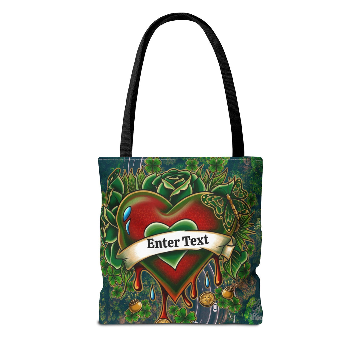 "Lucky Art" Tattoo Heart Urban Shamrock "Custom Text" Nature Splash St. Patrick Theme Designer Tote Bag by GT Artland