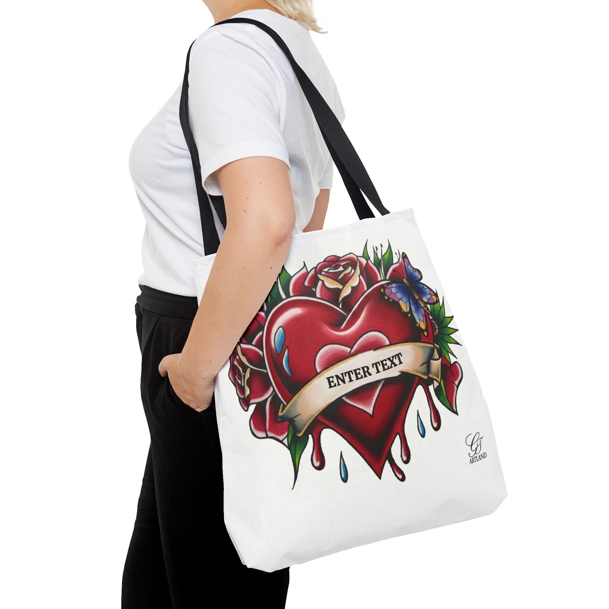 Vintage Tattoo Heart Tote Bag  Custom Banner "Enter Text" by GT Artland