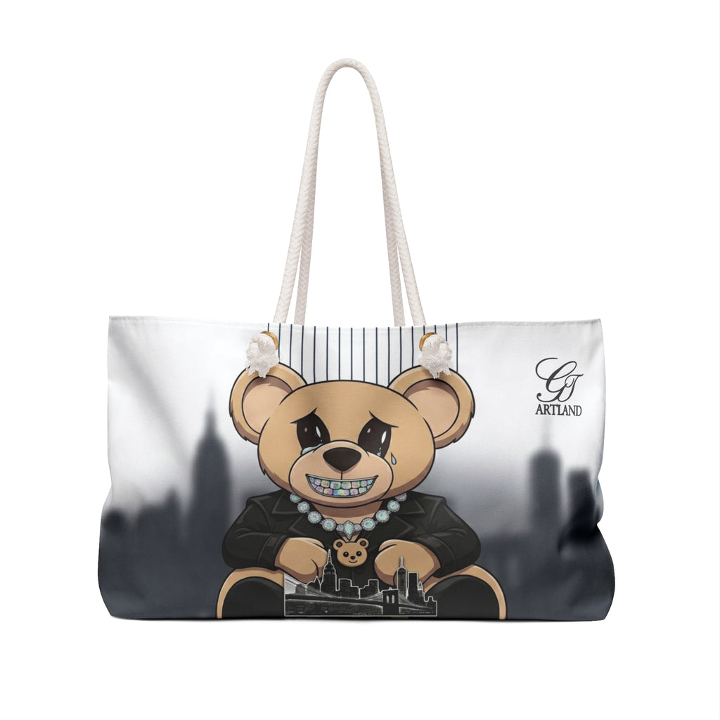 Diamond Grill Diamond Designer Teddy Bear Weekender Bag | City Skyline, Cute Bear Illustration by GT Artland