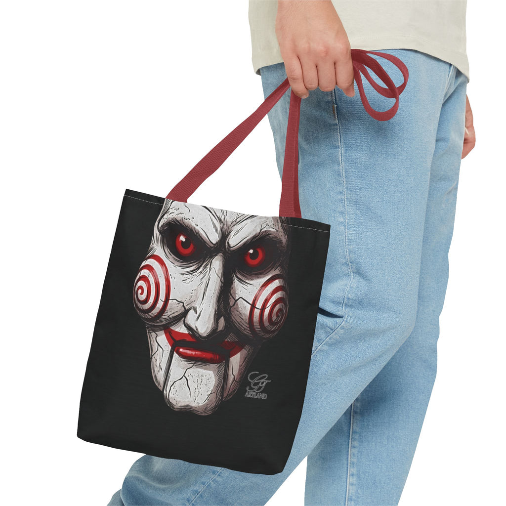 Doll Clown Horror Designer Face Tote Bag | Creepy Red Swirl Puppet Design by GT Artland
